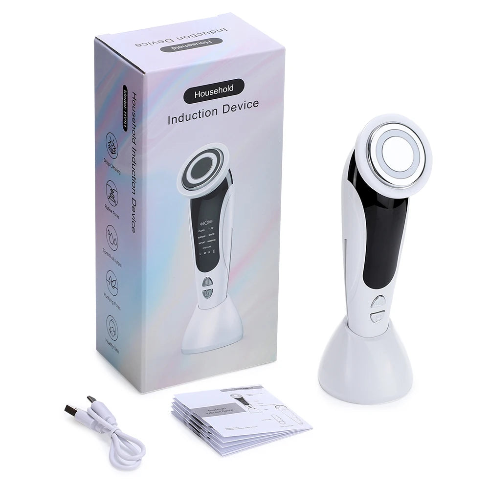 Masajeador facial Facial Glow con luz LED y terapia EMS para brillo facial, visible en la imagen con diseño compacto y suave.