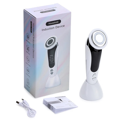 Masajeador facial Facial Glow con luz LED y terapia EMS para brillo facial, visible en la imagen con diseño compacto y suave.