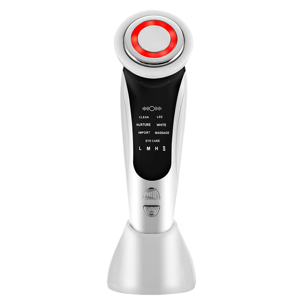 Masajeador facial Facial Glow con tecnología EMS y luz LED para cuidado de la piel, en color blanco y diseño ergonómico.