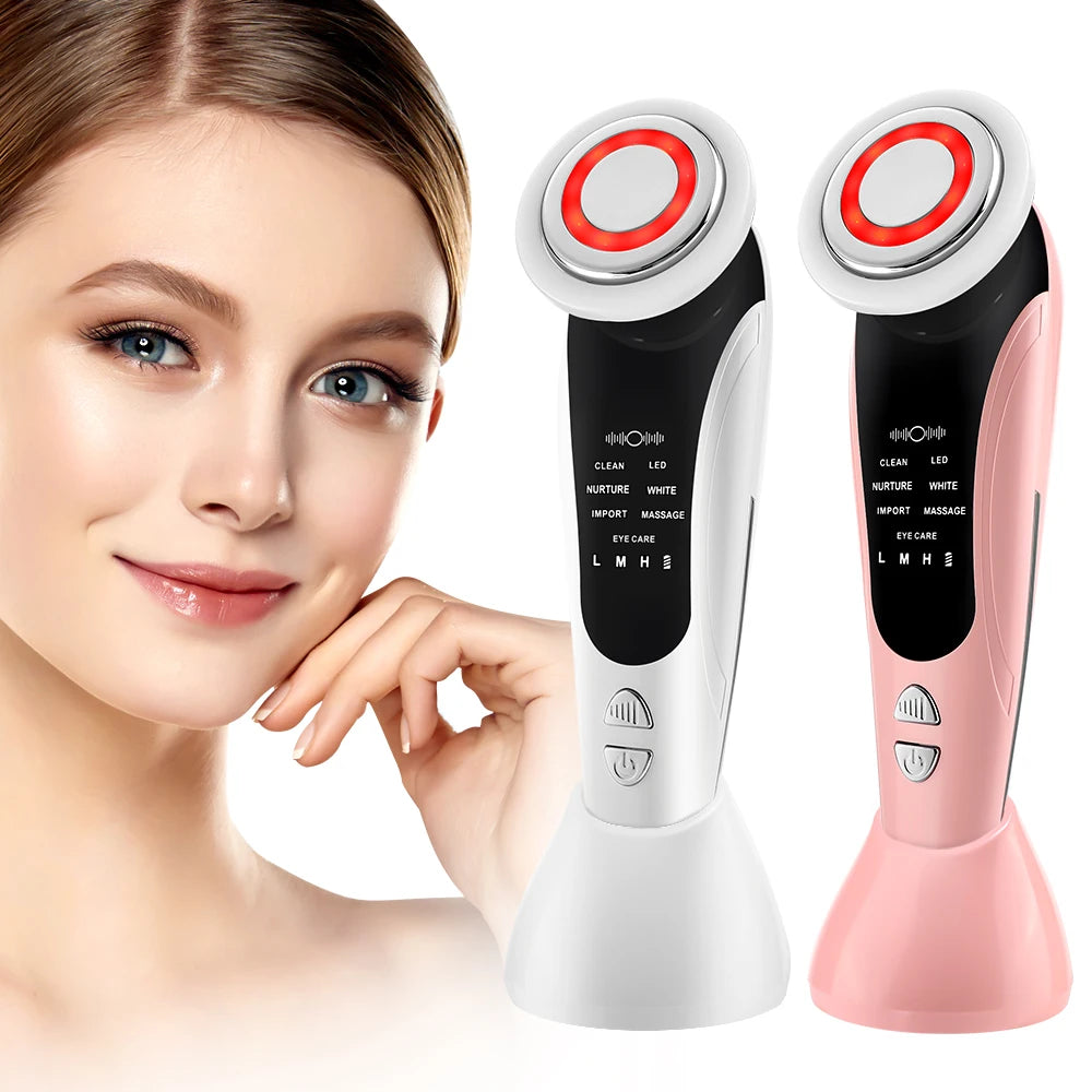 Masajeador facial Facial Glow con tecnología EMS y luz LED para terapia y brillo facial, en color negro con cabezal redondo.